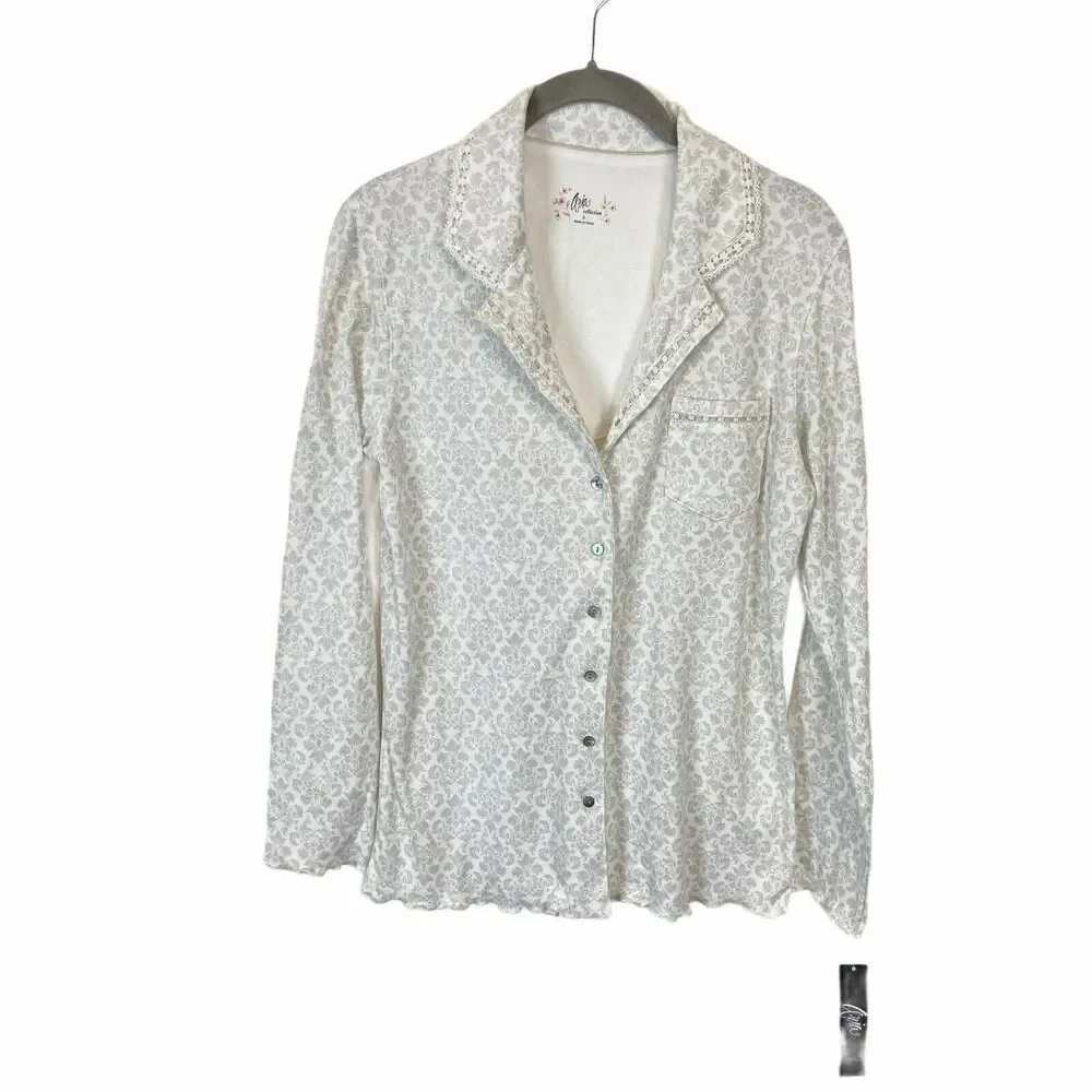 Pajama Top Aria Collection Women's White Gray Cotton Lettuce Edge Hem Sz Small